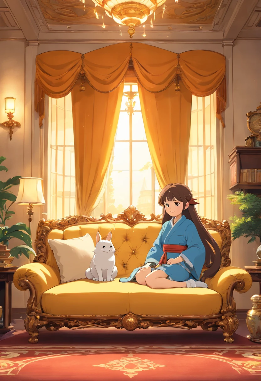 a luxury sofa, a rich man's house, a cute room, golden colored, white colors, beautiful decoration, antique furniture, intricate patterns, ornate details, warm lighting, plush fabrics, elegant decor, luxurious textures, opulent design, high-end interior, masterpiece, hyper-realistic, 8k, best quality, photorealistic