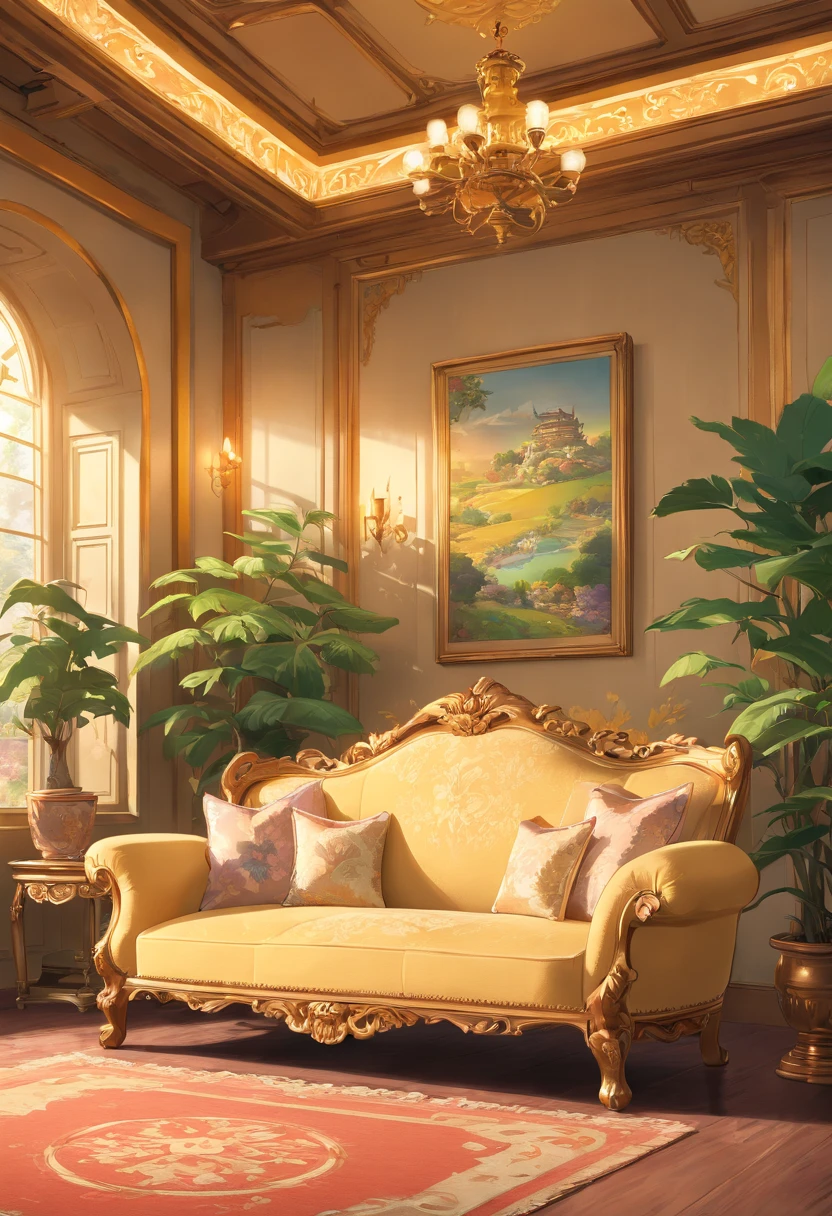 a luxury sofa, a rich man's house, a cute room, golden colored, white colors, beautiful decoration, antique furniture, intricate patterns, ornate details, warm lighting, plush fabrics, elegant decor, luxurious textures, opulent design, high-end interior, masterpiece, hyper-realistic, 8k, best quality, photorealistic