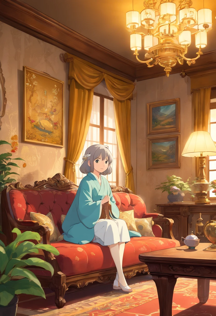 a luxury sofa, a rich man's house, a cute room, golden colored, white colors, beautiful decoration, antique furniture, intricate patterns, ornate details, warm lighting, plush fabrics, elegant decor, luxurious textures, opulent design, high-end interior, masterpiece, hyper-realistic, 8k, best quality, photorealistic