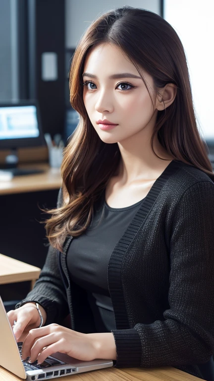 beautiful detailed eyes, beautiful detailed lips, extremely detailed eyes and face, longeyelashes,(slender), shoulder length,looking away,Cardigan,angry,elegant office lady, professional business attire, office setting, desk, computer, paperwork, (highres,masterpiece:1.1),ultra-detailed,(realistic,photorealistic,photo-realistic:1),HDR,UHD,studio lighting,ultra-fine painting,sharp focus,physically-based rendering,extreme detail description,professional,vivid colors,bokeh,intricate details,highly realistic,photorealistic portrait