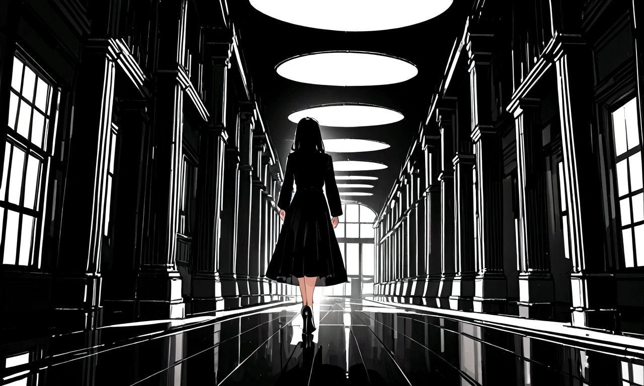 Create only the woman&#39;s feet,Walking in heels,Black heels,Only the knees and below are visible,Dark light source,The light is dim,Corridor inside the building,Wearing a long black skirt,There is no light from outside,Horror atmosphere.