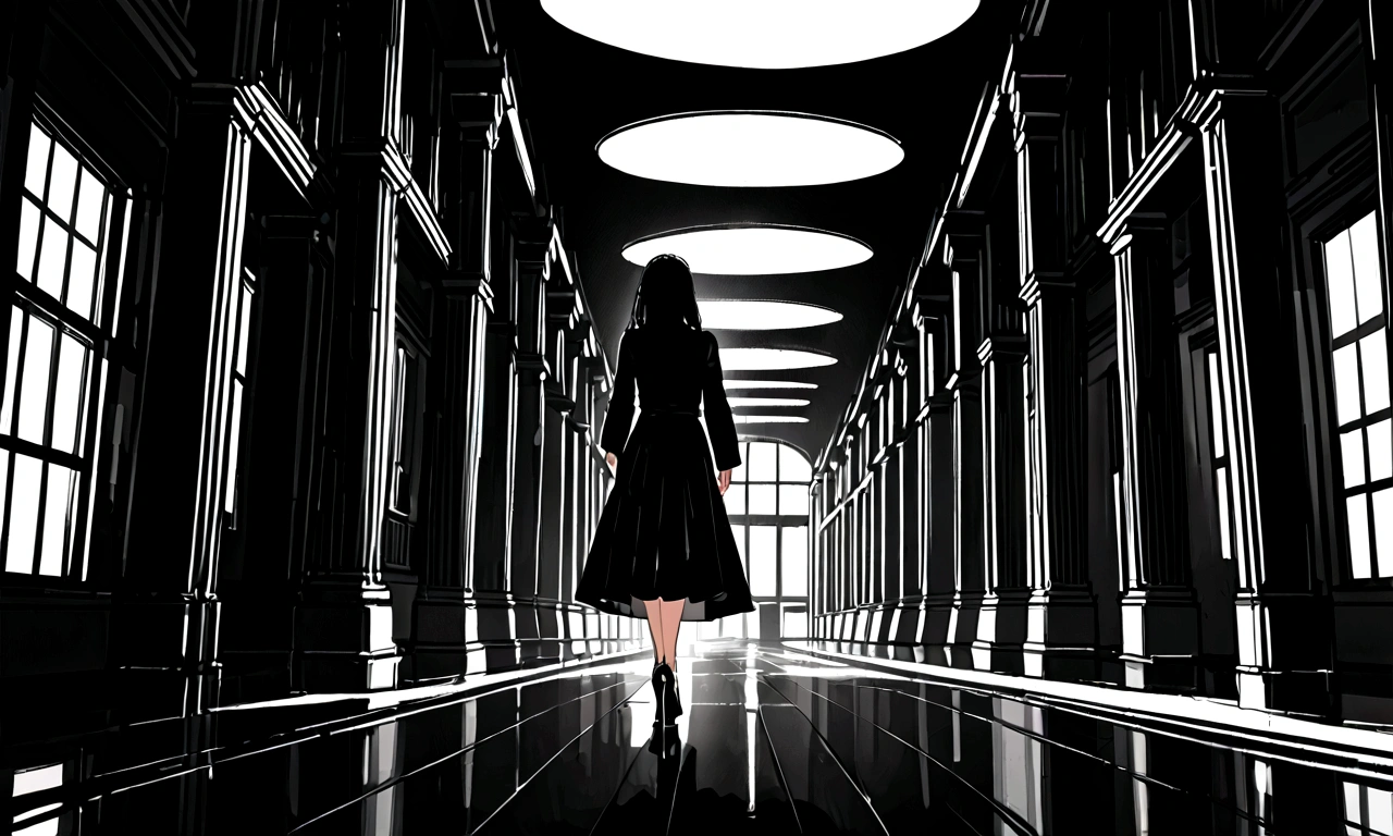 Create only the woman's feet,Walking in heels,Black heels,Only the knees and below are visible,Dark light source,The light is dim,Corridor inside the building,Wearing a long black skirt,There is no light from outside,Horror atmosphere.