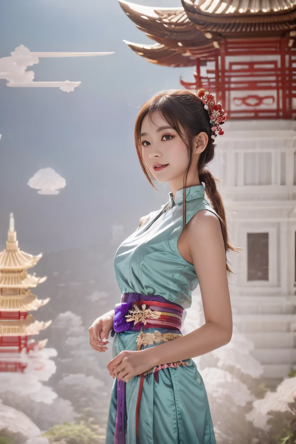 1 Girl,，pagoda，cloud，(masterpiece, best quality:1.2), Intricate details, Spirit Flower Soraka, 1 Girl, Purple Skin, Skin of color, Single speaker, kimono, Hair accessories, Bare shoulders, Smile