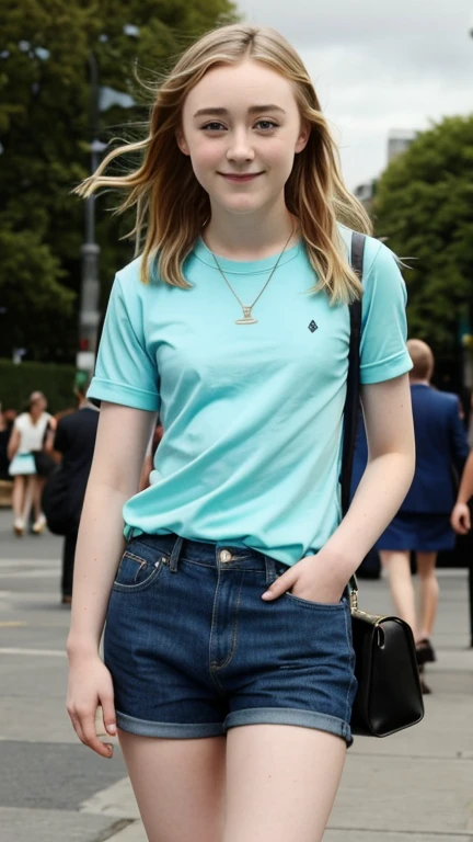 Saoirse Ronan dressed in age clothes and smiling sexy.