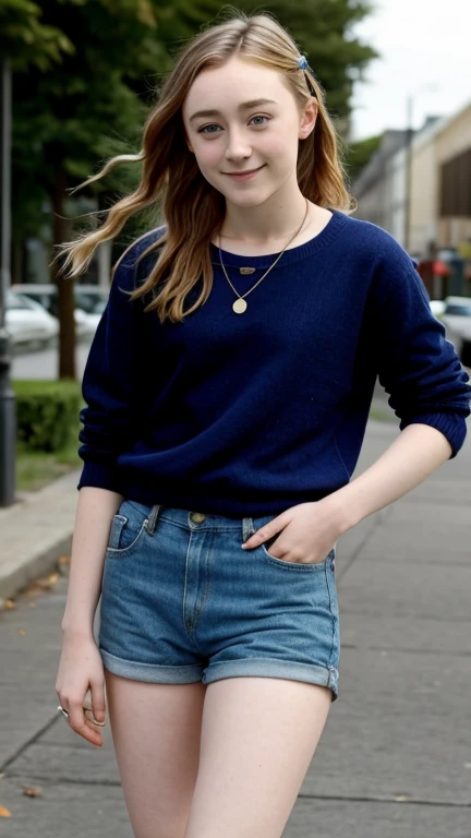 Saoirse Ronan dressed in teenage clothes and smiling sexy.