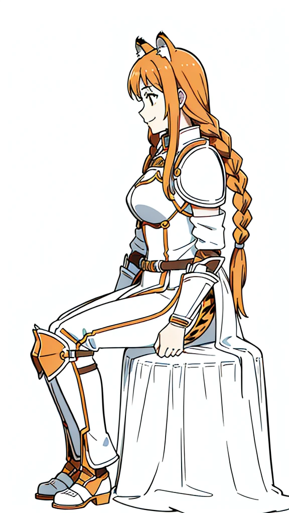 (1girl,20 years old,mature female,solo),tiger ears,long hair,(twin braids),orange hair,white knight armor,(white background,line drawing),smile,sitting,profile, looking away