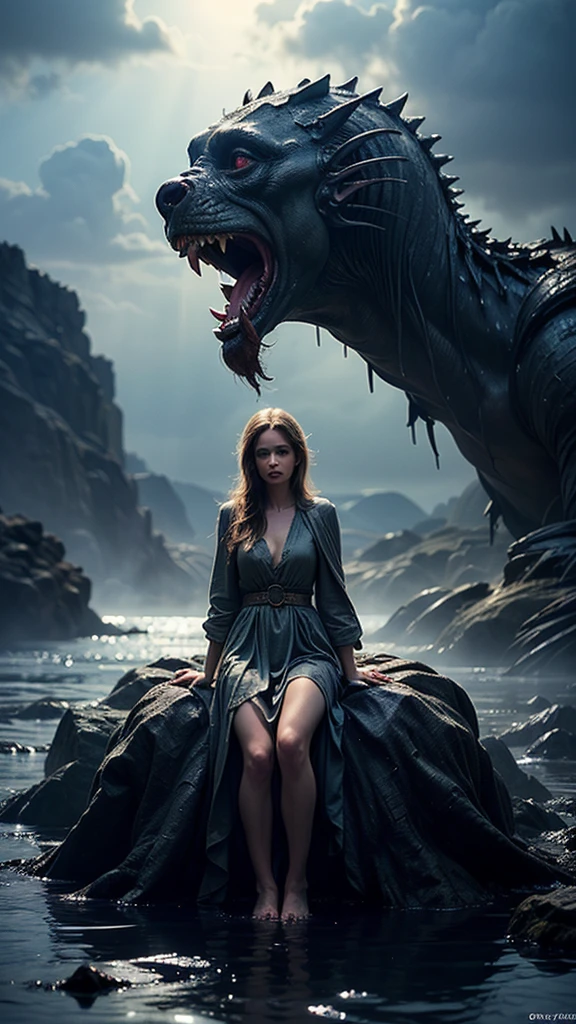 (best image quality, 4k, 8K, High resolution, masterpiece:1.2), (Super detailed realistic photo:1.37), (Serious situation:1.1), (A scene from an ancient Greek myth, The beautiful Princess Andromeda is sacrificed to the giant ugly monster the Kraken:1.2), Princess Andromeda is placed prominently in the foreground, Beautiful blonde princess with chains around her wrists, The world's most beautiful naked princess with blue eyes, unable to escape, photo taken from behind:1.2), She is an innocent maiden,(Her hands were shackled, It is attached to a reef by a long chain:1.6), (Princess Andromeda's life is in danger:1.1), (Far away Kraken, a man-eating monster, reveals its upper body from the sea and approaches the princess, mouth full of fangs, terrifying figure resembling a deformed god from the Cthulhu mythos, life-threatening situation, detailed and precise description, detailed shapes, strong shadows, (Firm texture:1.1), (eerie atmosphere, eerie clouds, A ladder to heaven growing from the clouds, dark lighting, Muddy seawater:1.2), The princess's desperate expression, Bare feet with scars, The muscles rippling across the monster's upper body, The monster's scales shine in the light, artistic style, dark fantasy, Scary mythical creatures, dramatic composition, creepy lighting, The spotlight falls on the princess and the monster, (Amazingly powerful and realistic compositions by Greg Rutkowski:1.2)