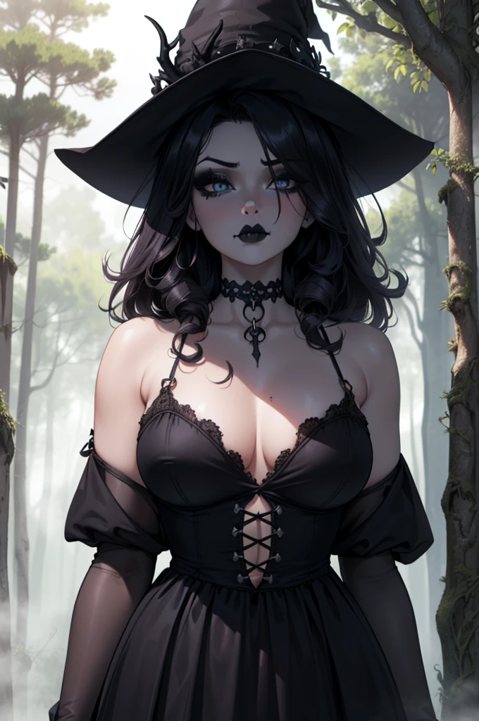 (Original character, 16K Unity Wallpaper, work of art, best qualityer, Ultra-detailded, Extremely detailded CG, Caustics, cinematic lighting, detailded, standing alone, ultra high resolution, thin skin, (strong light), ((in a white fog forest)), pale skin,curb:1.0, 1 girl, beautiful young, sad face, standing alone, choker, ((long hair)), (((Bblack hair))), (((very curly hair))), deer antlers, Beautiful girl, eyes black, elven ears, ((gothic makeup, eyes black, black lipstick,)), ((wearing few clothes, black clothing)), magician, necromancy, medieval witch, close-up, closeup to face