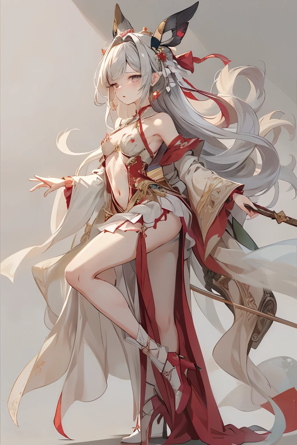  ((best quality)), ((masterpiece)), (detailed), 1girl, Character design, NSFW, long white grey hair, grey white eyes, very skinny, detailed, best quality, prominent collarbones, skinny arms, flat stomach, visible hip bones, small breasts, full body, blank white background, plain background, white background, red and white clothing, Bloodborne inspired, occult aesthetic, occult, detailed and intricate steampunk and detailed gothic, NSFW, Fluttering lace flared long knee length dress with frilly petticoats, knee length dress, pleated petticoats, petticoats gothic, complex lace boots, gothic aesthetic, wielding a mighty sword with mechanical components, mandalas, small breasts, a fairy, various different types of insect wings, bug wings, beetle wings, NSFW, full body, whole body, body, chains, 