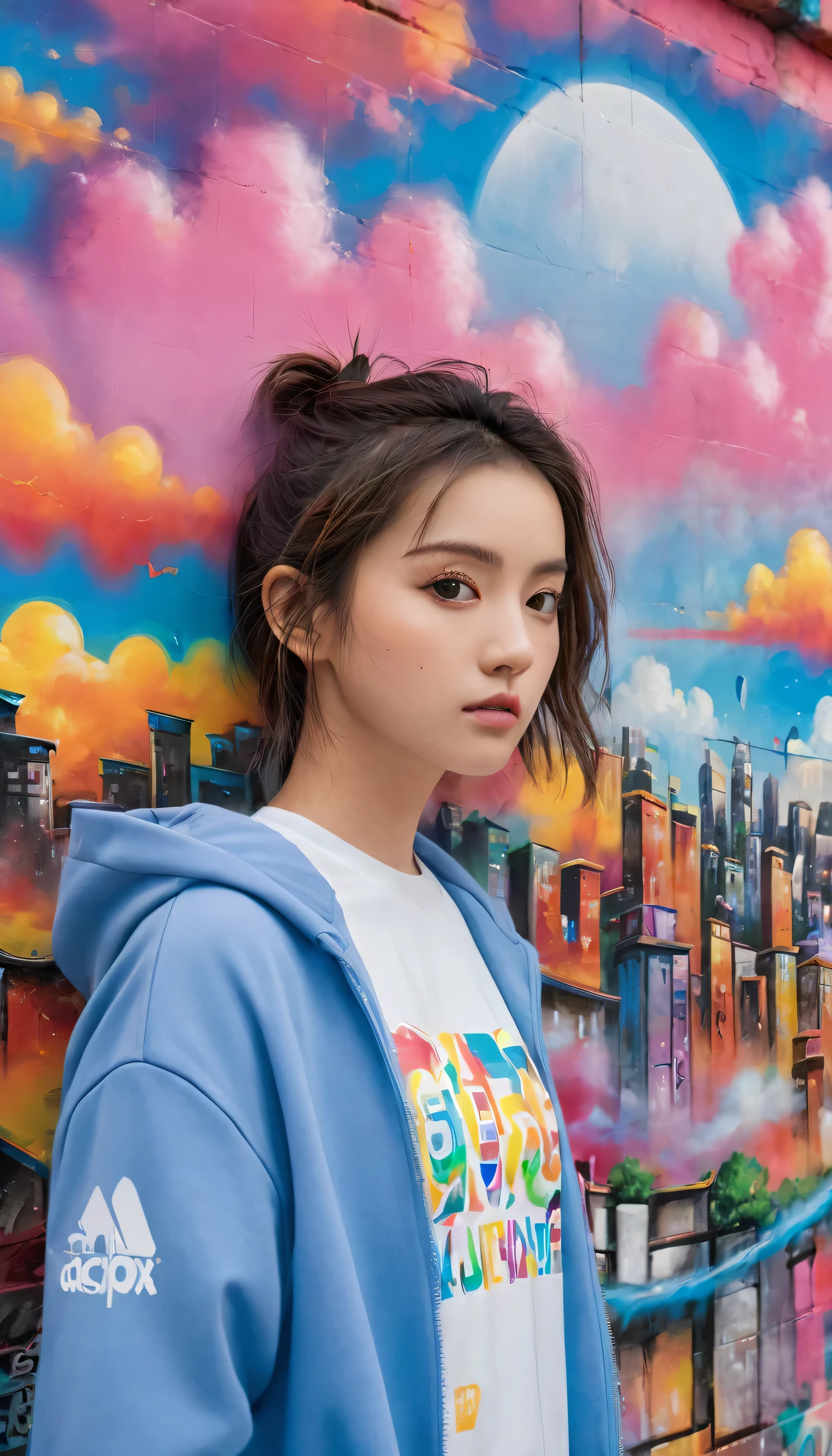 (best quality), masterpiece, Extremely detailed CG 8K painting, High Color, extremely High Color saturation, All colors are deepened, painting, Graffiti Art, Central Composition, Extremely detailed lighting, Graffiti Wall, wall paintinged bright, 1 girl graffiti 1 girl looking at the wall, Extremely detailed face and eyes, Medium Length Hair, Sportswear, Colored clouds