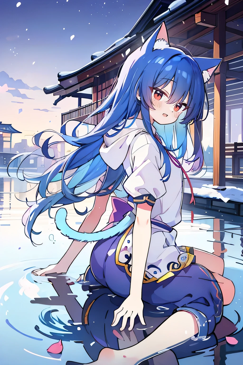 (best quality,4k,8k,highres,masterpiece:1.2),ultra-detailed,(realistic,photorealistic,photo-realistic:1.37), expressive eyes, fair skin, perfect face shape, 1 girl, Japanese comics, gorgeous blue hair, flowing blue hair, flowing clothes, cat ears, falling petals, beautiful lola, baby angel, shaking head with one hand, cross your legs, gentle and peaceful background, cool and comfortable pavilion, smile, wearing hoodie, background of Tokyo, back views, snowing, winter, hand on mouth.