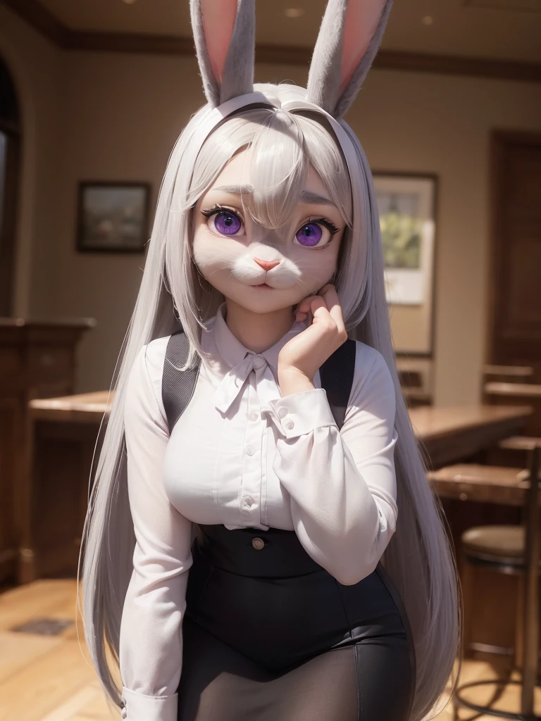 best quality,
masterpiece,
hyper Realistic,
ultra-detailed,
beautiful detailed,
4K,8K,High level,
PIXAR,
Photo real,
Portrait,
Looking at the audience,
(((background is a Forest))),
Realistic lighting,
((anthropomorphic rabbit)),
detailed animals,
Complex patterns,
(furry:1.5),
(Whole skin is gray:1.4),
(body is fluffy and bushy:1.3),
Realistic fur,
((human hands)),
(Face is JudyHopps:1.35),
{((long straight hair)), ((ponytail hair))},
wispy bangs, bangs,
purple eyes,
{highlight on eyes, crisp eyes, sparkle in the eyes, round big pupils},
detailed iris,
(rised eyebrows:1.2),
(Crescent Brows:1.3),
(rabbit ears:1.1),
Smile,
Big Smile,
Innocent smile,
raised corners of mouth,
office lady is wearing suit,
((White blouse)) BREAK ((Black blazer)) BREAK ((Black pants)),
clothes made of wool,
((She is blushing in the cheeks)),
((Looks excited)),
(solo:1.5),
(1 lady:1.5),
one character only
alone,
Perfect Anatomy,
highlight,
sunlight,
daylight,
intricate details,
ray tracing,
photorealistic,
lighter shadows,