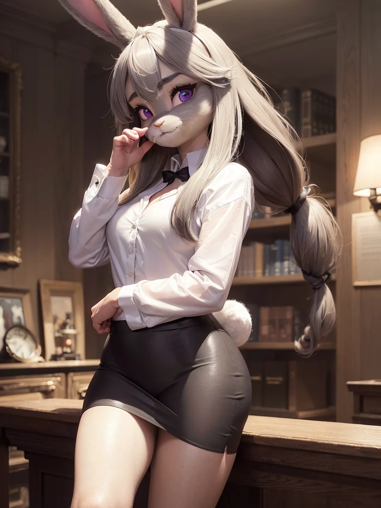 best quality, masterpiece, 3D anime, ((solo)), ((1girl)),  ((Face is JudyHopps)), (long ears like a rabbit:0.8), Heir is beige bobheir style, Body is human lady, mini skirt suit, (two-piece suit:0.5), office business suit stlye, (the suit is made of wool:1.4), suit color is {gray stripe, red, yellow, green, white, black}, ((skin is silver with fluffy and fluffy)), Clothes that show her belly button, emphasize {hips}, {back, side, portrait} view, sideways glance, In the background there is a secret room, ((She is sitting in a luxurious chair with my legs crossed))