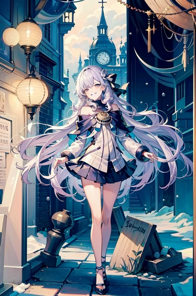 (masterpiece, highest quality, highest quality, official art, beautiful and aesthetic:1.2), (1 girl:1.3), wavy long hair, light purple hair, very detailed, portrait, looking at the viewer, alone, (whole body:0.6), detailed background, close, shining eyes, (cold arctic winter theme:1.1), fortune teller, Charlatan, grin and laugh, Mysterious, ((Are standing)), colorful shoulderless loose gypsy fortune teller clothes,      holy grail,  ((whole body)),pleated skirt dresses,