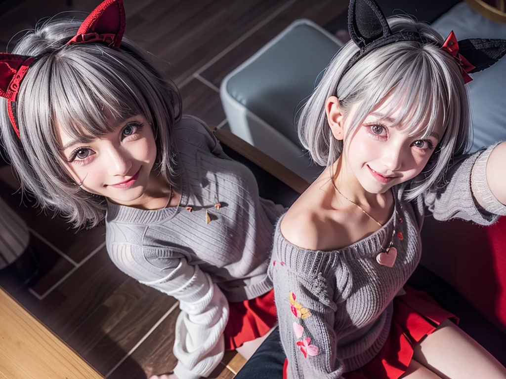 Prompt: Graffiti, beautiful illustration, best quality, cute petit girl, solo, (transform sequence), from below, upper body, (evil smile:1.5), hair over bath eyes,1girl, (solo:1.5), curren chan,(everyday wear , red skirt, sweater, gray hair, black fake animal ears :1.3), cowboy shot, prism background, on the couch, standing, look viewer, golden ratio, holographic, heart, (loating hair1.5), (from  above:1.5), Best Quality, standing in front of a full-length  (selfie:1.5), making a playful pose with one foot raised and a cheeky grin, at a luxury europe hotel,  (face close up:2.0, 