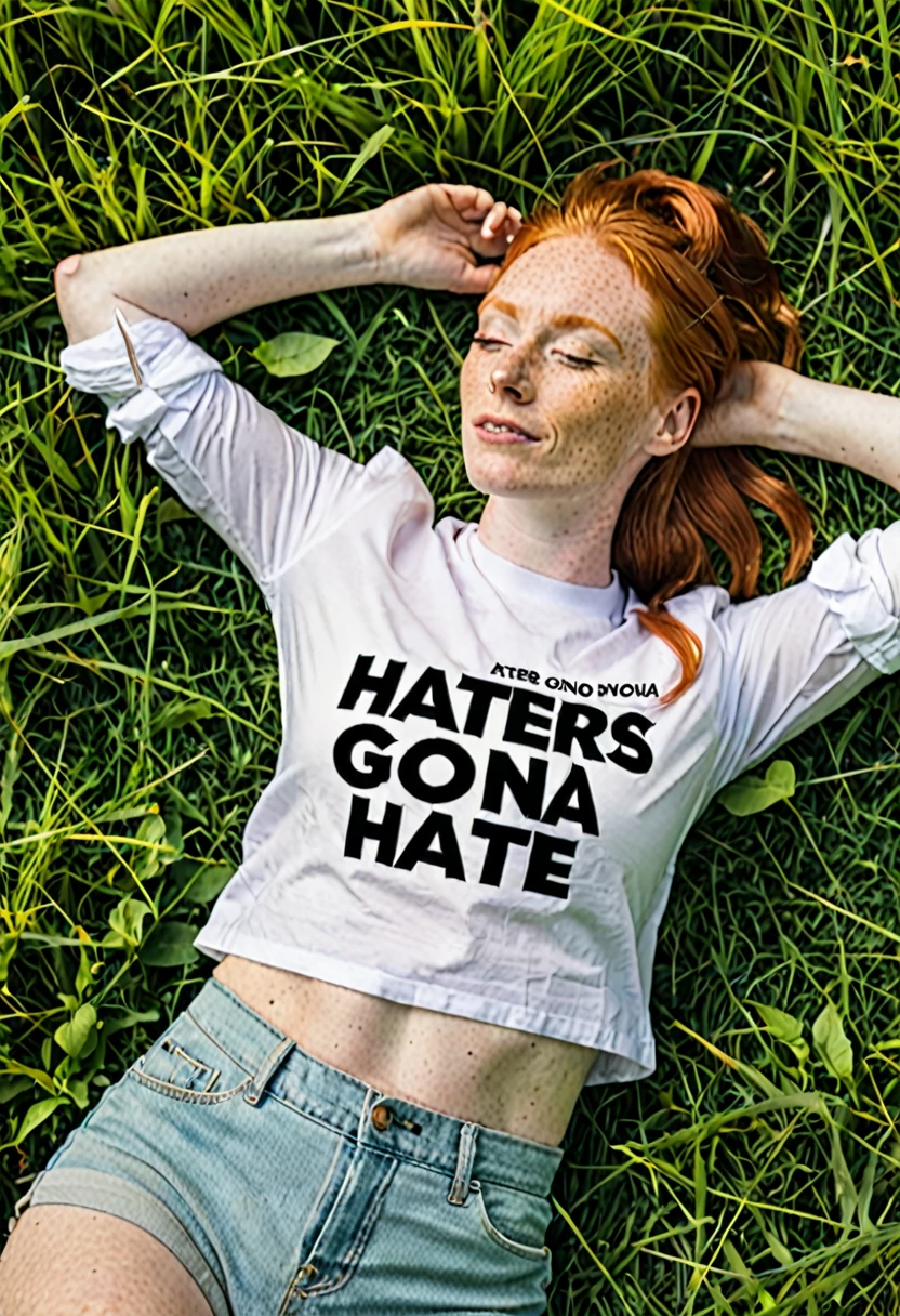 a ginger woman laying on a grass, white shirt, "Haters gonna hate" written on the shirt