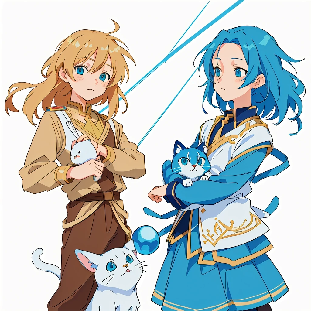 anime characters with a cat and a woman holding a blue object, petros and leonid, ghutra and egal, sirius a and sirius b, anime in fantasy style, colored lineart, official fanart, high quality fanart, coloured lineart, siblings, fully colored, genderswap, colored sketch, in anime style, [[fantasy]], detailed background