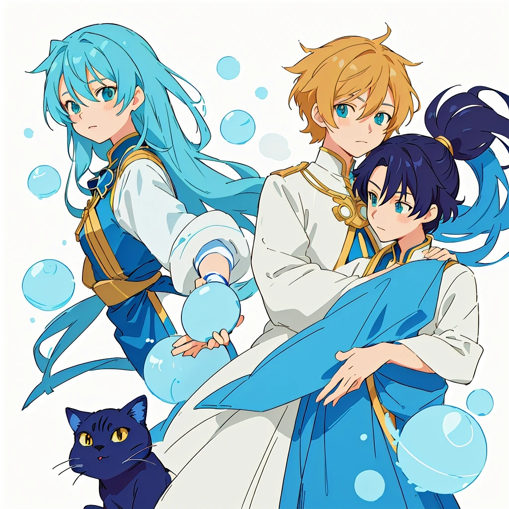 anime characters with a cat and a woman holding a blue object, petros and leonid, ghutra and egal, sirius a and sirius b, anime in fantasy style, colored lineart, official fanart, high quality fanart, coloured lineart, siblings, fully colored, genderswap, colored sketch, in anime style, [[fantasy]], detailed background