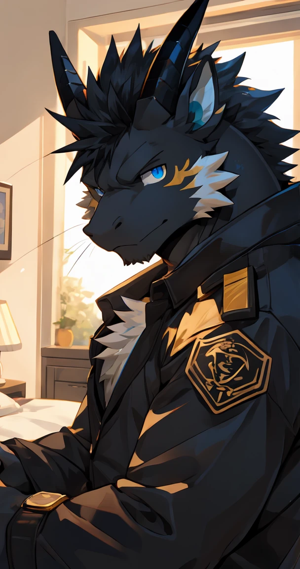 (by sollyz),dragon,white and black body,detail face, detail eyes, detail,male,pants,nacked,furry, short hair,(whiskers:1),__b2__,
,blue eyes,black body,handsome,bed background,
strong,epic,