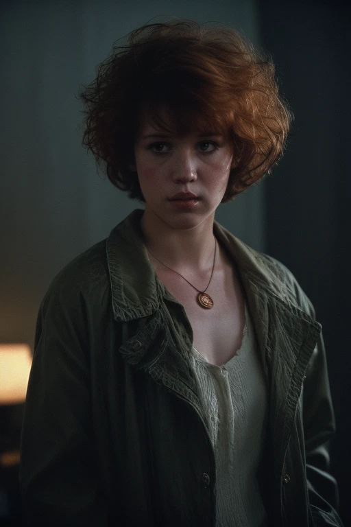 Full shot of eighteen-year-old Molly Ringwald, messy/shaggy razored/layered bob haircut with sideswept bangs, bags under eyes, exhausted eyes, undershadowed eyes, with copper pocketwatch necklace, wearing dark green jacket with sleeves rolled up, white tank top and jeans, extremely realistic, extremely detailed, extreme realism, extreme detail, extremely accurate resemblance, scene from 1986 psychological sci-fi horror film, directed by Michael Mann, cinematography by Dante Spinotti, muted color scheme, muted color palette, neo-noir, tech-noir, shot on 35mm film, atmospheric, moody, Manhunter (1986) influenced, Thief (1981) influenced, bedhead, unkempt hair, insomniac, dark circles under eyes, brooding anti-heroine, cult classic, cult film, complex, elaborate, masterpiece, underlit, dark, 4k ultra HD remaster from original 35mm film negative, taken from 4k ultra HD Blu-Ray release