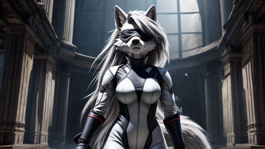 Loona from Helluva Boss, female white wolf, anthro, mature adult, short fluffy white hair, blindfold, white armored combat full bodysuit, standing, serious, extremely detailed, solo, beautiful, front view, high quality, photorealism, 4K