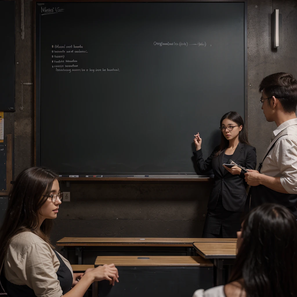 a professor in a classroom, explaining the presentation on the blackboard of the different labeled containers (organic, inorganic, hazardous), detailed anime style, extremely detailed facial features, precise gestures, cinematic lighting, vibrant colors, intricate background, masterpiece, 8k, hyperrealistic