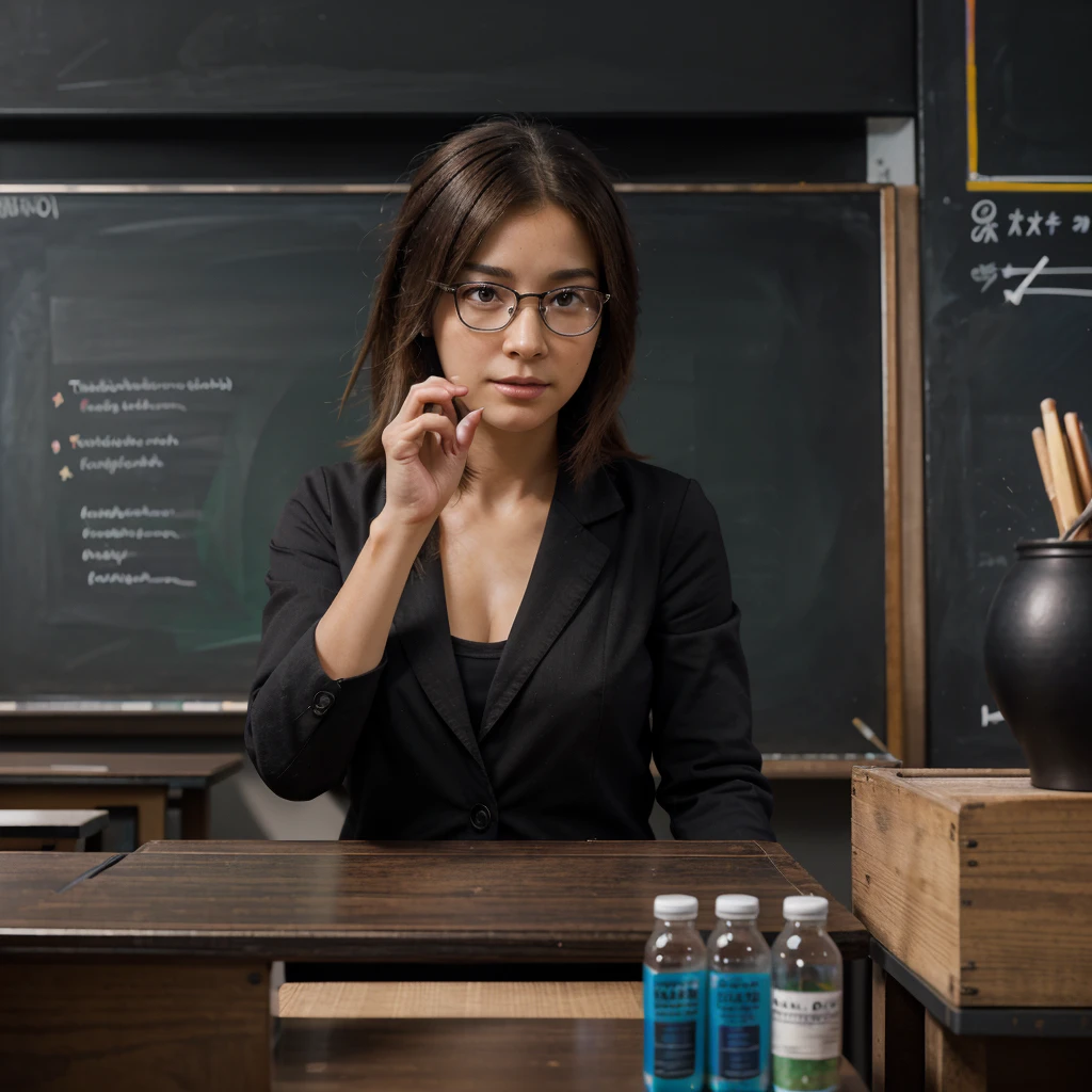 a professor in a classroom, explaining the presentation on the blackboard of the different labeled containers (organic, inorganic, hazardous), detailed anime style, extremely detailed facial features, precise gestures, cinematic lighting, vibrant colors, intricate background, masterpiece, 8k, hyperrealistic