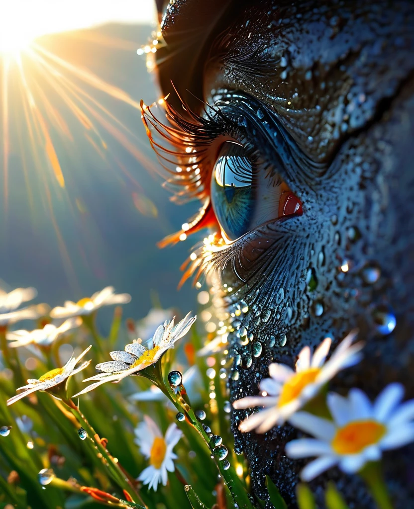 Eye close-up,The beauty in the eyes,Intricate details, detailed, realism,The first rays of sunlight in the morning,Dew drops on flowers on the cliff,(sunrise,Lens Flare),Nice photos,HD Wallpapers,Natural light, dramatic, Source reality,