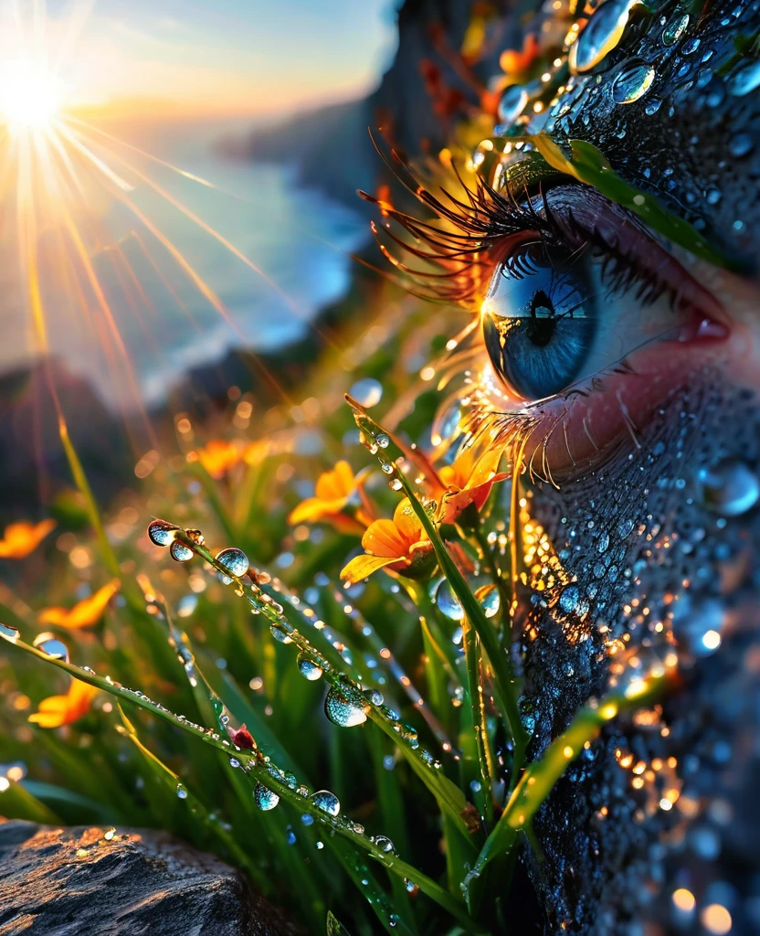 Eye close-up,The beauty in the eyes,Intricate details, detailed, realism,The first rays of sunlight in the morning,Dew drops on flowers on the cliff,(sunrise,Lens Flare),Nice photos,HD Wallpapers,Natural light, dramatic, Source reality,