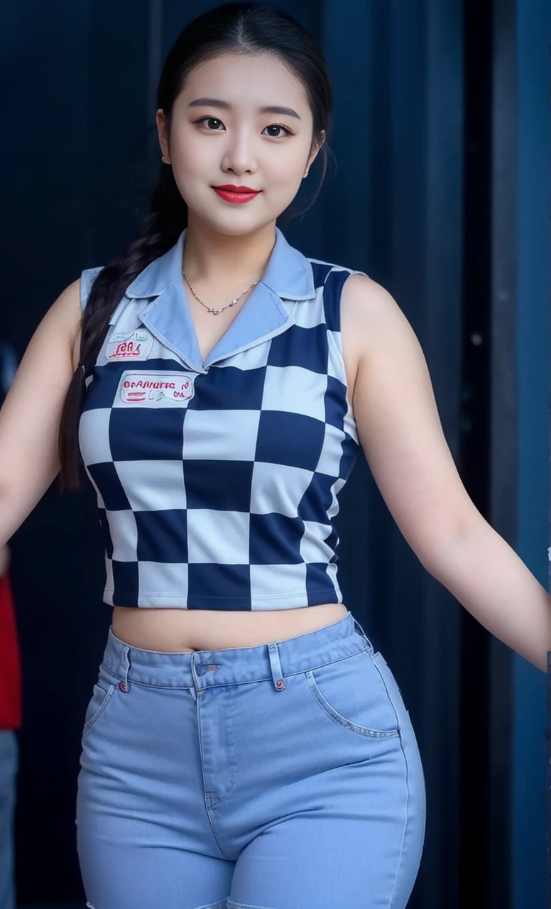 ((best quality)), ((masterpiece)), (detailed), perfect face, araffe woman in a long dark-blue shirt and blue denim skirt walking down a street, thicc, wavy short hair , she has a jiggly fat round belly, bbwchan, wearing tight simple clothes, skinny waist and thick hips, widest hips, her belly is fat and round, soft curvy shape, hyperrealistic full figure, wearing a cute top, wide hips, wearing 10 bracelet , wearing huge diamond necklace