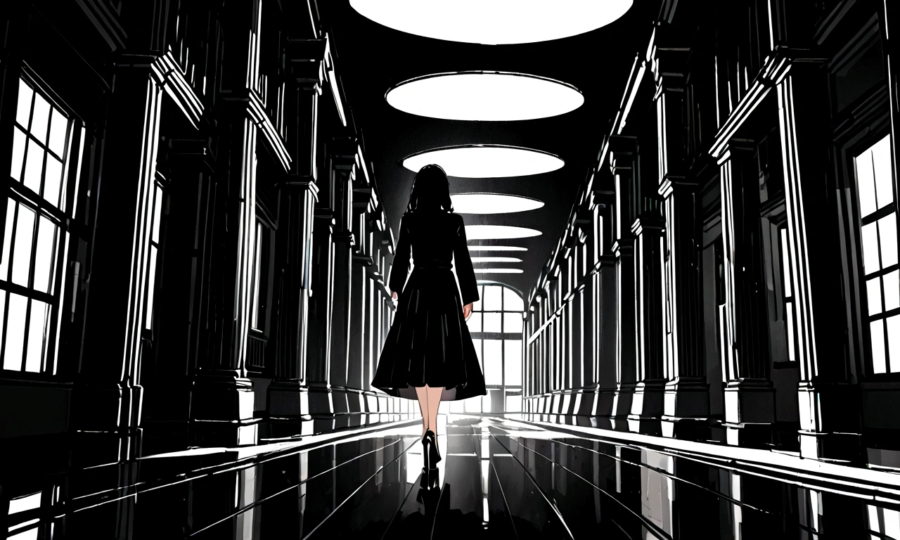 Create only the woman's feet,Walking in heels,Black heels,Only the knees and below are visible,Dim moonlight,The light is dim,Corridor inside the building,Wearing a long black skirt,There is no light from outside,Horror atmosphere.