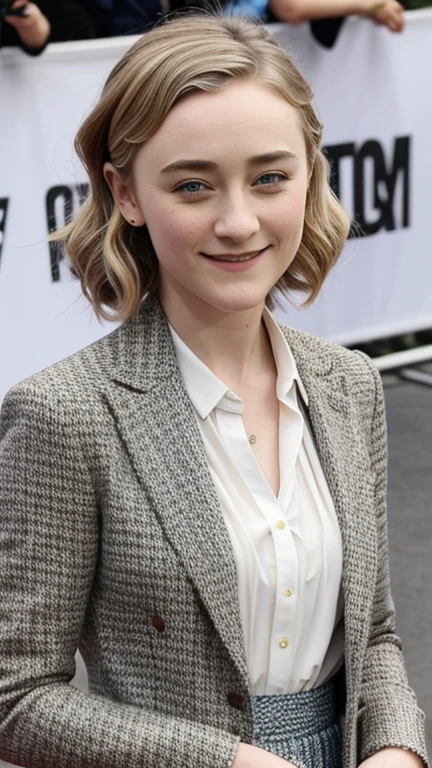 Saoirse Ronan dressed in sexy older woman clothes and smiling.