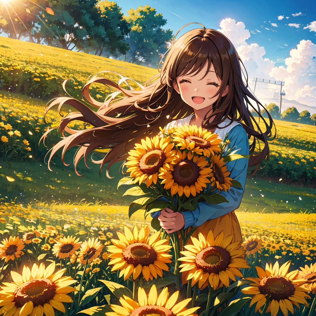 1 girl, brown hair, long hair, happy, open mouth, smile, flowers field, holding_flowers, day, sun, closed eyes,