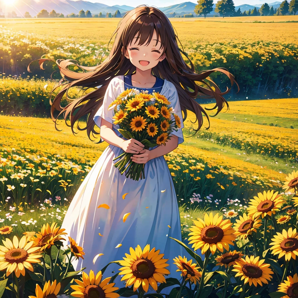 1 girl, brown hair, long hair, happy, open mouth, smile, flowers field, holding_flowers, day, sun, closed eyes,