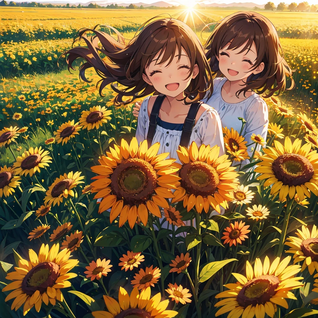 1 girl, brown hair, long hair, happy, open mouth, smile, flowers field, holding_flowers, day, sun, closed eyes,