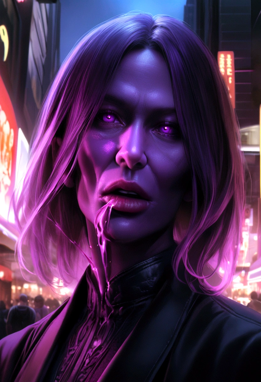 an evil mutant goblin spitting a jet of glowing purple liquid into Black Widow's face wearing the costume that appears in the cinema, New York street, night, hyper-realistic