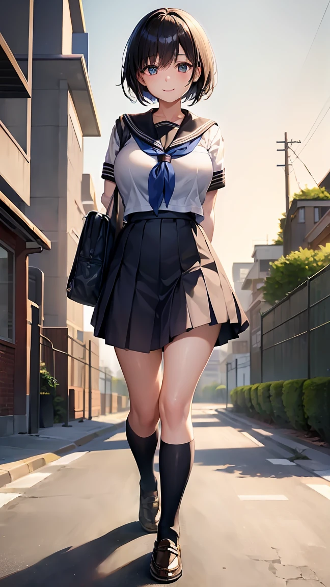 (masterpiece, Highest quality:1.2), One Girl, alone, whole body, Big Breasts,, Brown Hair,Big Breasts, Brown eyes, Mature Woman, blush, , she is standing on the street,whole body, Brown Hair, lipstick, ランダムなカラーのSailor suit、((High quality fabric, Sailor suit, Navy Pleated Skirt)), ((Short length)), ((Peeking up a skirt)), ((A skirt flipped up by the wind)), zettai ryouiki, Exposing your thighs, White skin, (Black garter stockings), ((Wear black high heels)), pubic hair,Her short skirt barely covers her pussy,, (I like showing my crotch to the audience....., ),pubic hair,