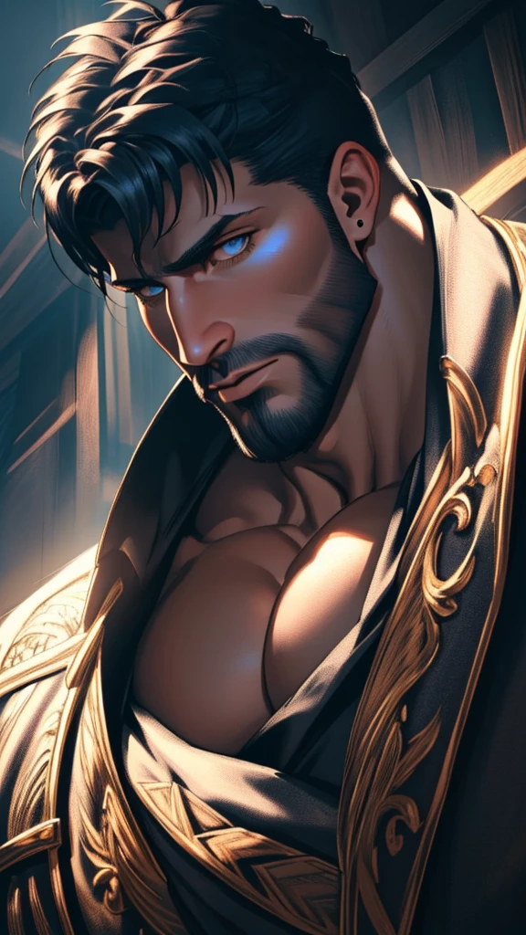 muscular bearded man, extremely detailed facial features, beautiful detailed eyes, beautiful detailed lips, extremely detailed face, large muscle pecs, highly muscular body, massive muscles, intricate muscle definition, chiseled physique, dramatic lighting, cinematic atmosphere, dark and moody, epic dark fantasy style, dramatic shadows, rich color palette, dynamic composition