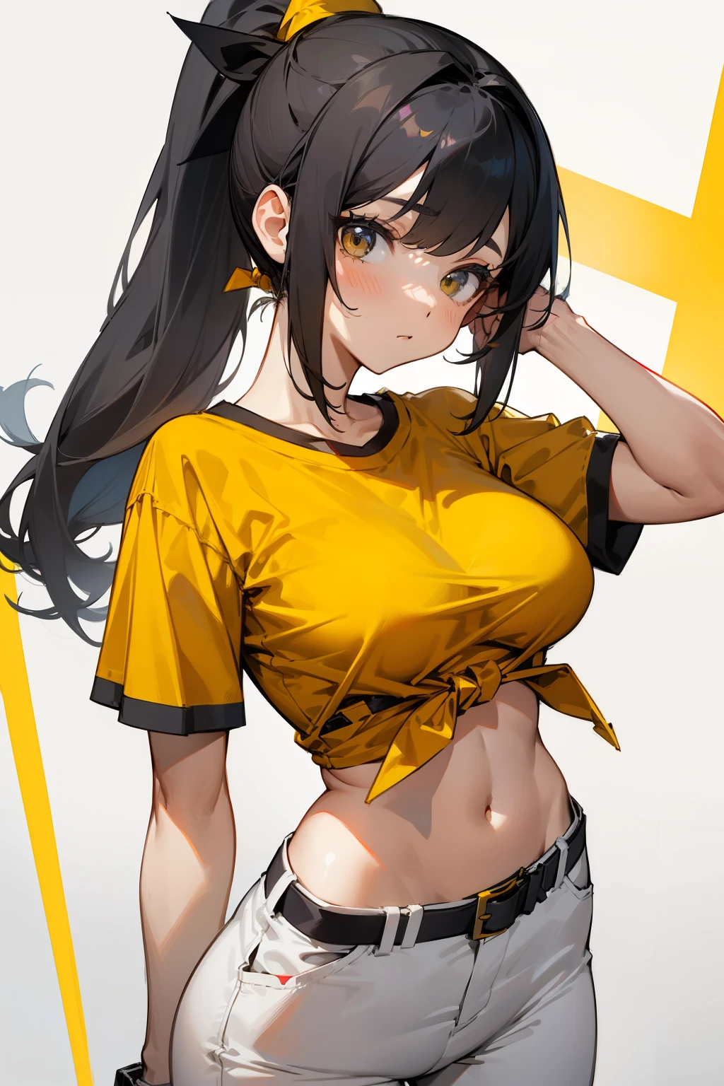 Cute girl, gray hat, light black hair, ponytail, yellow T-shirt with very short sleeves and a red piece tied over it like a cowherd’s piece, tied under the breasts, big breasts, exposed stomach, white pants, gray belt.