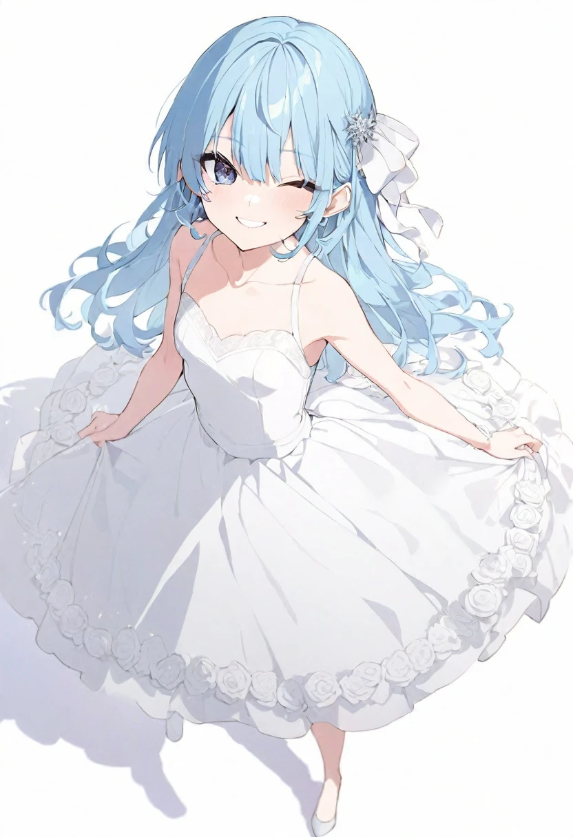 (muste piece), (best quality), very detailed eyes, expressive eyes, perfect face, very detailed face, highly detailed face, beautiful girl, (solo full body shot:1.3), 8K, beautiful girl, white background background, delicate and beautiful face and eyes, dark intense shadow,
1 girl, vtuber style, cool girl, hololive, Hoshimachi Suisei, light blue hair, Wedding dress, small chest, cropped shoulders, clavicle, one eye close winking, smile, body visible through clothes, chest visible through clothes, (full body), looking at viewer, standing,