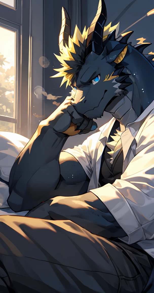 (by sollyz),dragon,white and black body,detail face, detail eyes, detail,male,pants,nacked,furry, short hair,(whiskers:1),__b2__,
,blue eyes,black body,handsome,(sleep:1.3),bed background,
strong,epic,