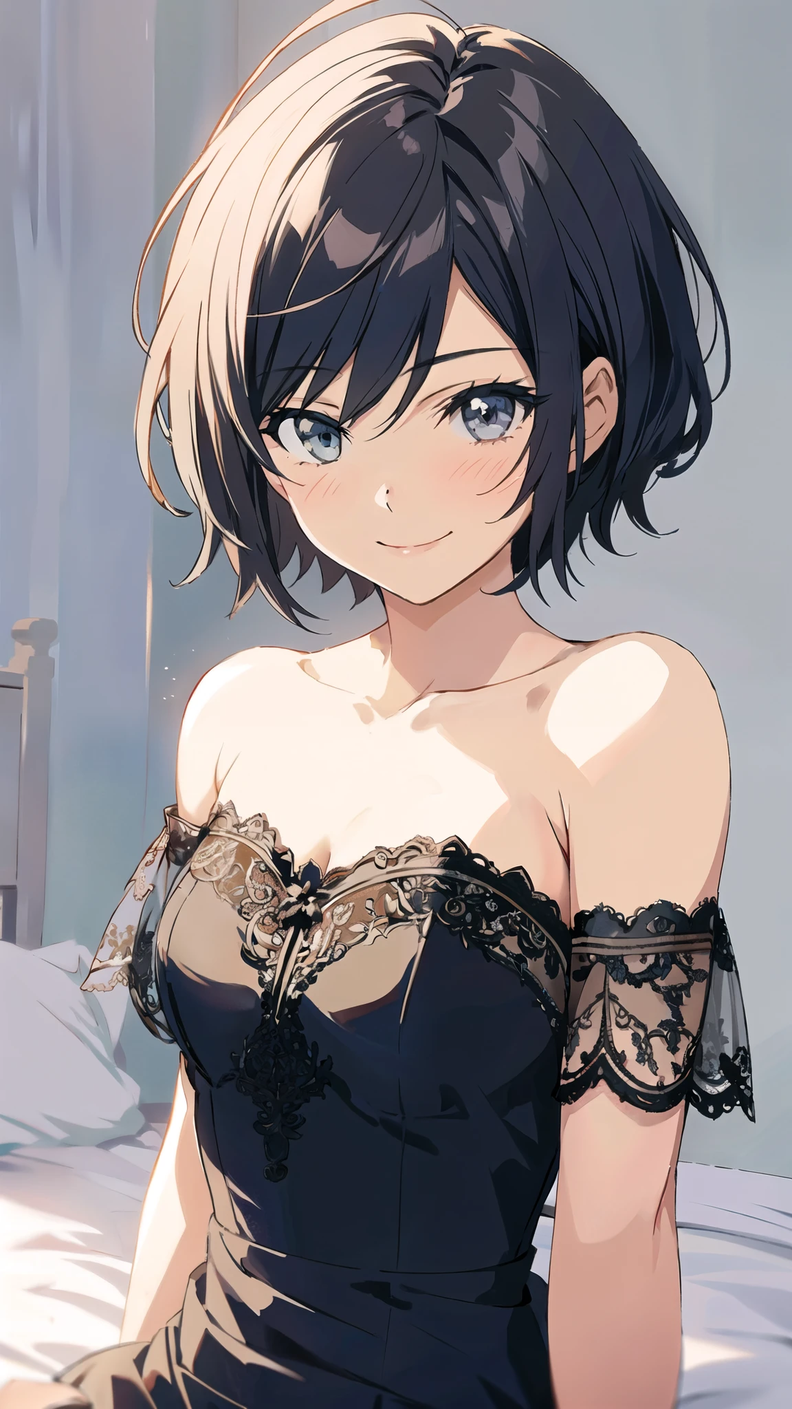 solo, 1girl, strapless, lacy dress, simple background, seductive smile, short hair,