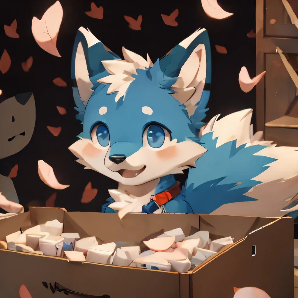 Color and white case、Bright blue male fox，For the audience, permanent，Cute appearance，There are petals around