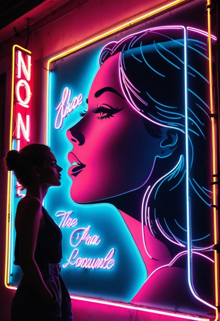 Side face silhouette,Shadow of beautiful woman under neon sign,Huge neon signboard,(Neon sign with text:1.5)
