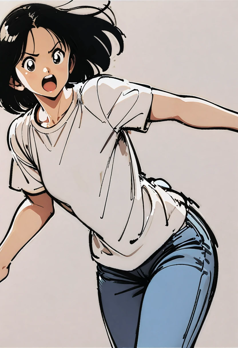 (((Dynamic pose))),((Open mouth expression)) , ((masterpiece)),(((Highest quality))),((((sketch)))),((Monochrome)),girl,Black Hair,T-Shirts,jeans