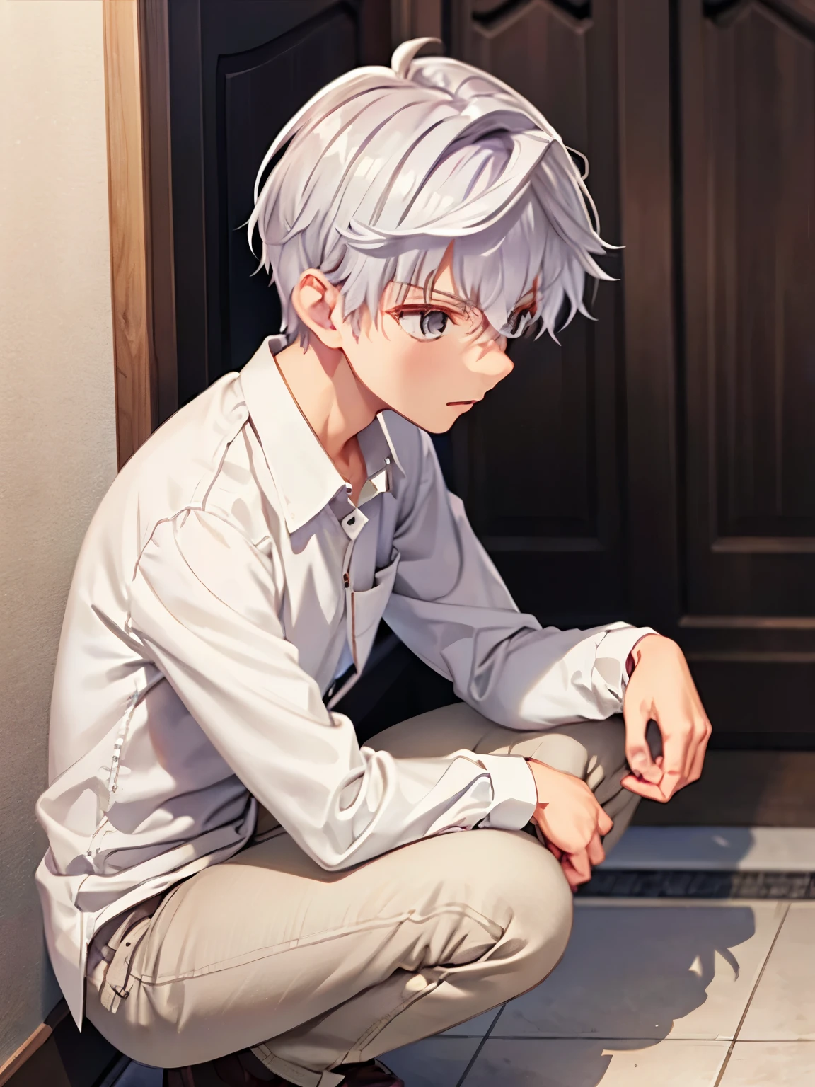 1 men, 18 years old,solo, male focus, grey hair, grey eyes, short hair, hair between eyes, bangs,White shirt, brown trousers, Squatting, facing right, camera angle from the side, photo from the side, full body photo, looking away 