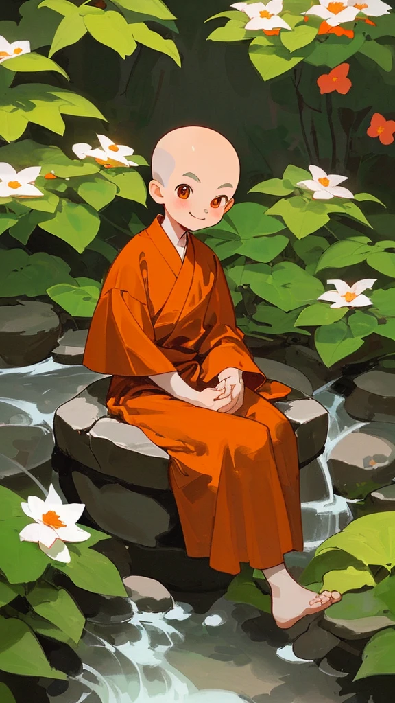 Create a cute cartoon image of an 8-year-old monk. He has a cheerful expression, big round eyes, and a small shaved head. He’s wearing traditional orange monk robes, sitting in a peaceful garden with blooming flowers and a gentle stream in the background.