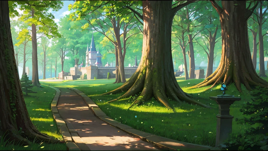 a path surrounded by a forest and trees to a castle that you see at the end