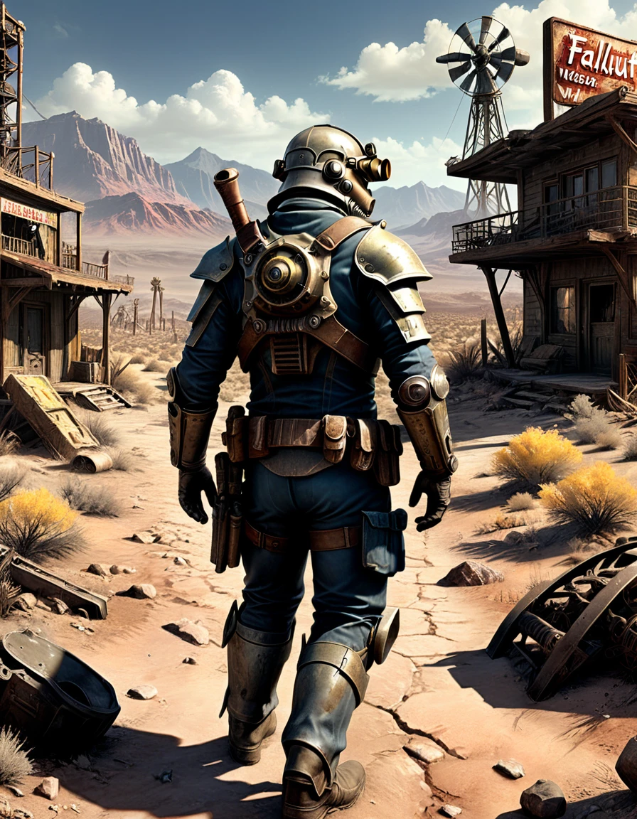 Game "Fallout New Vegas", Post apocalyptic scenario, desolate atmosphere, dystopian landscape, wilderness, (Masterpiece, Best Quality, professional, perfect composition, very aesthetic, absurdities, ultra detailed, intricate details:1.3)