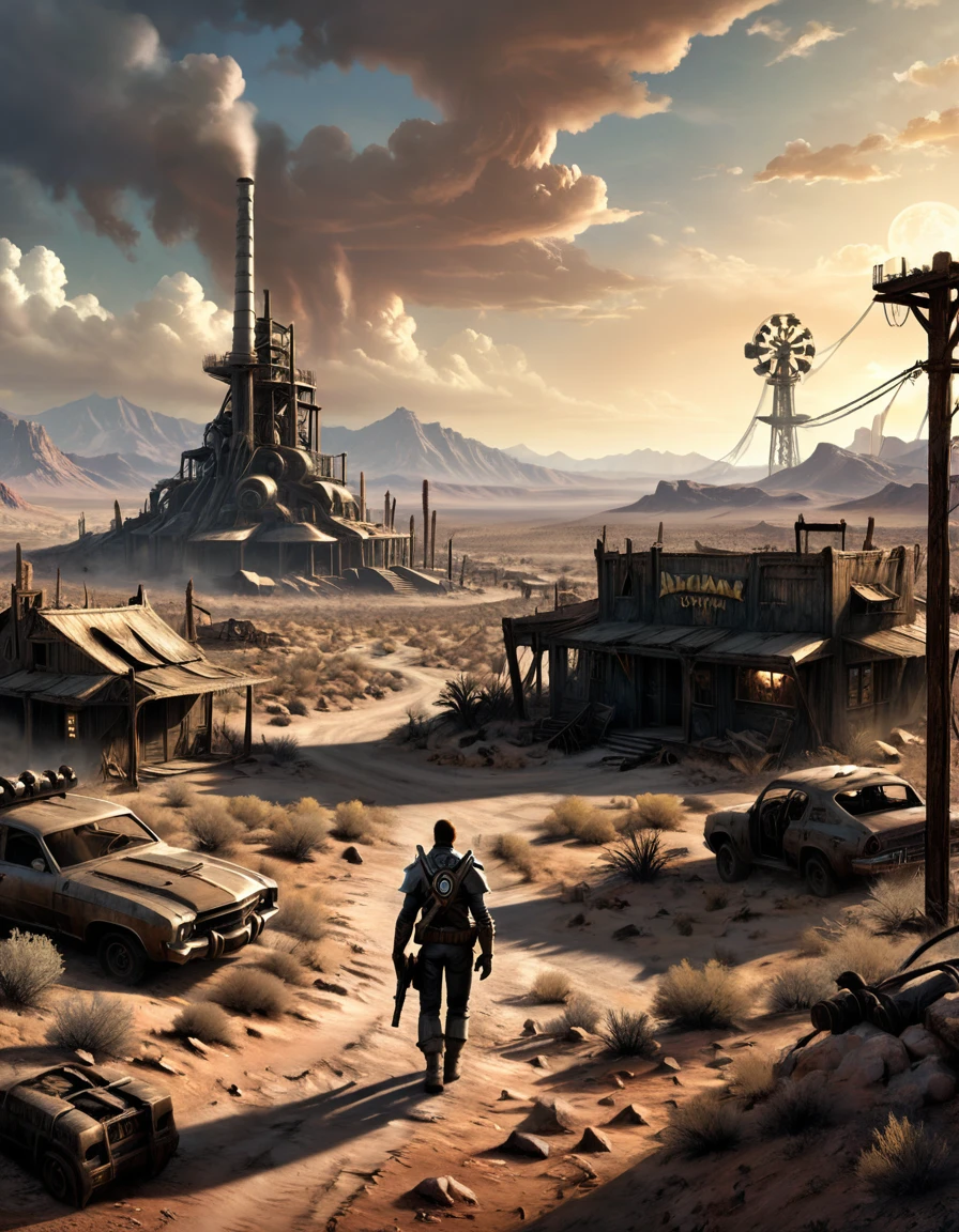 Game "Fallout New Vegas", Post apocalyptic scenario, desolate atmosphere, dystopian landscape, wilderness, (Masterpiece, Best Quality, professional, perfect composition, very aesthetic, absurdities, ultra detailed, intricate details:1.3)